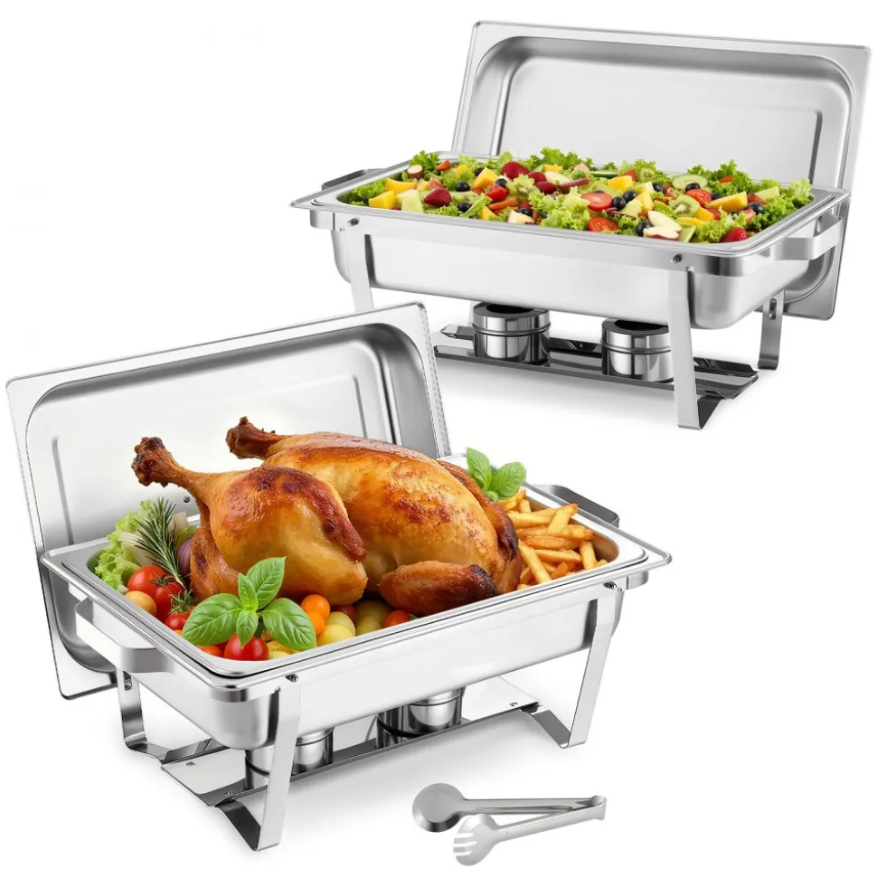 VEVOR Rectangle Chafing Dish, 9 Qt 2 Pack Stainless Steel Chafing Dish, Food Warmer Chafer Complete Set with Hollow Handle, 1 Food Tongs, Lid, Fuel Holder, Chafer Dishes for Banquet Party Wedding
