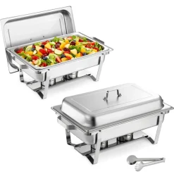 VEVOR Rectangle Chafing Dish, 9 Qt 2 Pack Stainless Steel Chafing Dish, Food Warmer Chafer Complete Set with Hollow Handle, 1 Food Tongs, Lid, Fuel Holder, Chafer Dishes for Banquet Party Wedding