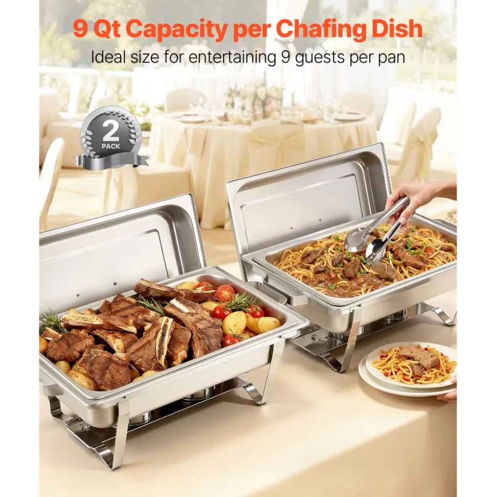 VEVOR Rectangle Chafing Dish, 9 Qt 2 Pack Stainless Steel Chafing Dish, Food Warmer Chafer Complete Set with Hollow Handle, 1 Food Tongs, Lid, Fuel Holder, Chafer Dishes for Banquet Party Wedding