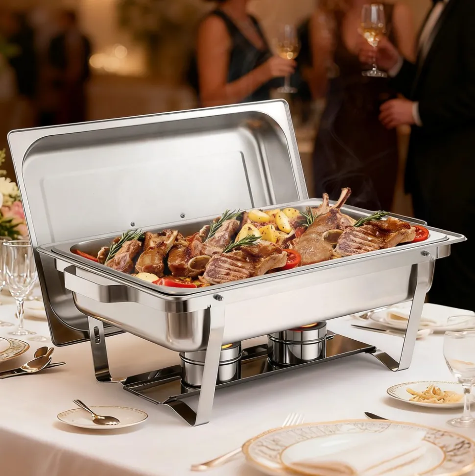 VEVOR Rectangle Chafing Dish, 9 Qt 2 Pack Stainless Steel Chafing Dish, Food Warmer Chafer Complete Set with Hollow Handle, 1 Food Tongs, Lid, Fuel Holder, Chafer Dishes for Banquet Party Wedding