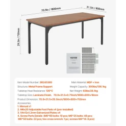VEVOR Rectangle Dining Table, 71 inch Length Large Wood Tables for 6-8 Person, Farmhouse Dinner Furniture, Rustic Conference Desk with Iron Legs, for Home Kitchen Living Room, Brown(Only Table)