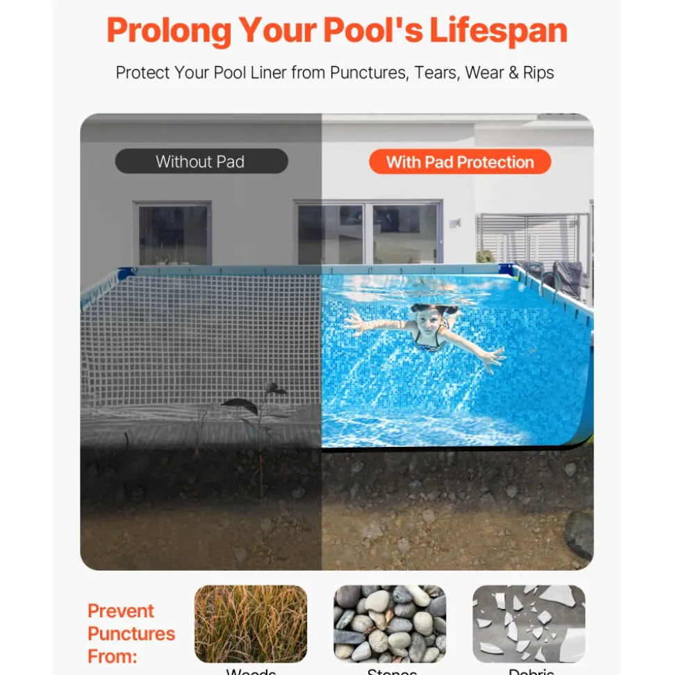 VEVOR Rectangle Pool Liner Pad, 16 x 32 ft Pool Liner Pad for Above Ground Swimming Pools, Extra-Thick Pool Mat, Prevents Punctures, Recycled Geotextile Material Underlayment Pad, Extend Liner Life
