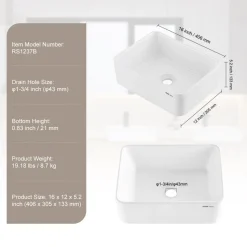 VEVOR Rectangle Vessel Sink, 16" x 12" Bathroom Vessel Sink Countertop, White Ceramic Bathroom Sinks Above Counter, Modern Style, Bright and Elegant, Well-Packaged for Bathroom, Hotel, Toilet, RV