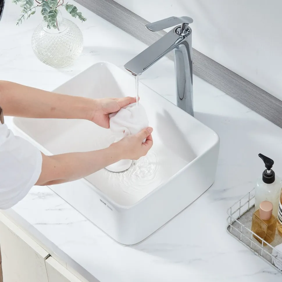 VEVOR Rectangle Vessel Sink, 16" x 12" Bathroom Vessel Sink Countertop, White Ceramic Bathroom Sinks Above Counter, Modern Style, Bright and Elegant, Well-Packaged for Bathroom, Hotel, Toilet, RV