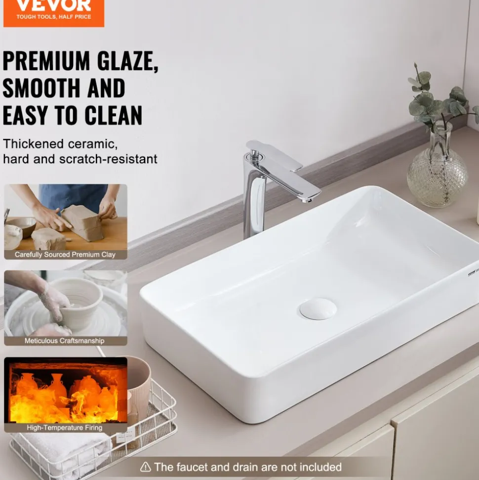 VEVOR Rectangle Vessel Sink, 24" x 13.8" Bathroom Vessel Sink Countertop, White Ceramic Bathroom Sinks Above Counter, Modern Style, Bright and Elegant, Well-Packaged for Bathroom, Hotel, Toilet, RV