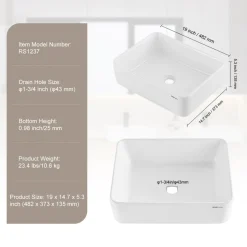 VEVOR Rectangle Vessel Sink, 19" x 14.7" Bathroom Vessel Sink Countertop, White Ceramic Bathroom Sinks Above Counter, Modern Style, Bright and Elegant, Well-Packaged for Bathroom, Hotel, Toilet, RV