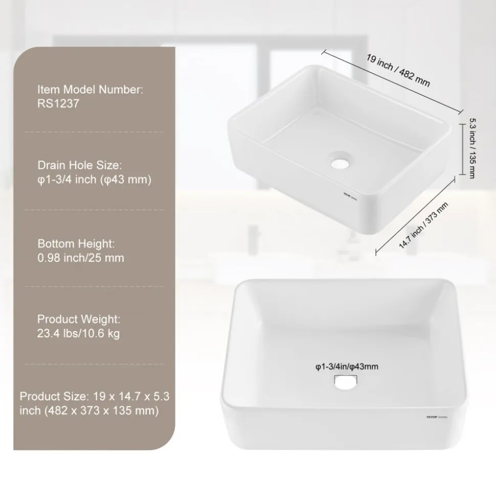 VEVOR Rectangle Vessel Sink, 19" x 14.7" Bathroom Vessel Sink Countertop, White Ceramic Bathroom Sinks Above Counter, Modern Style, Bright and Elegant, Well-Packaged for Bathroom, Hotel, Toilet, RV