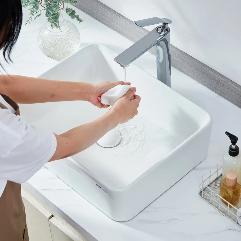 VEVOR Rectangle Vessel Sink, 19" x 14.7" Bathroom Vessel Sink Countertop, White Ceramic Bathroom Sinks Above Counter, Modern Style, Bright and Elegant, Well-Packaged for Bathroom, Hotel, Toilet, RV