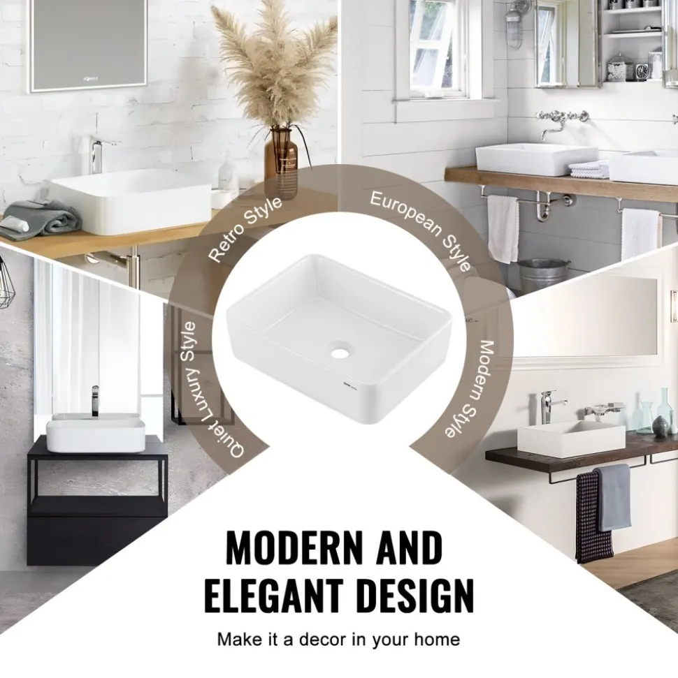 VEVOR Rectangle Vessel Sink, 19" x 14.7" Bathroom Vessel Sink Countertop, White Ceramic Bathroom Sinks Above Counter, Modern Style, Bright and Elegant, Well-Packaged for Bathroom, Hotel, Toilet, RV