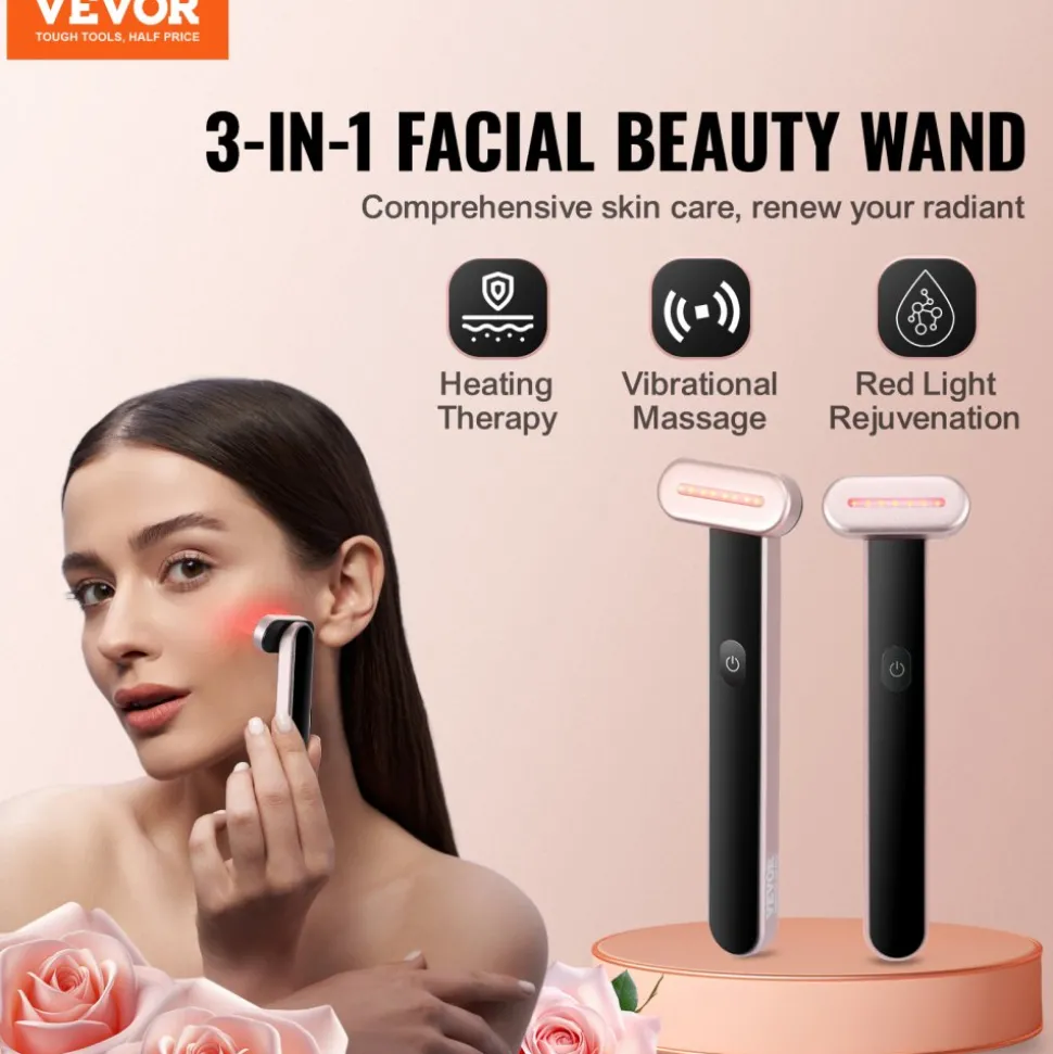 VEVOR Red Light Therapy Wand for Face and Neck, 3-in-1 LED Facial Wand Red Light Therapy Device with Heating Therapy| Vibrating Facial Massage, Portable LED Beauty Wand