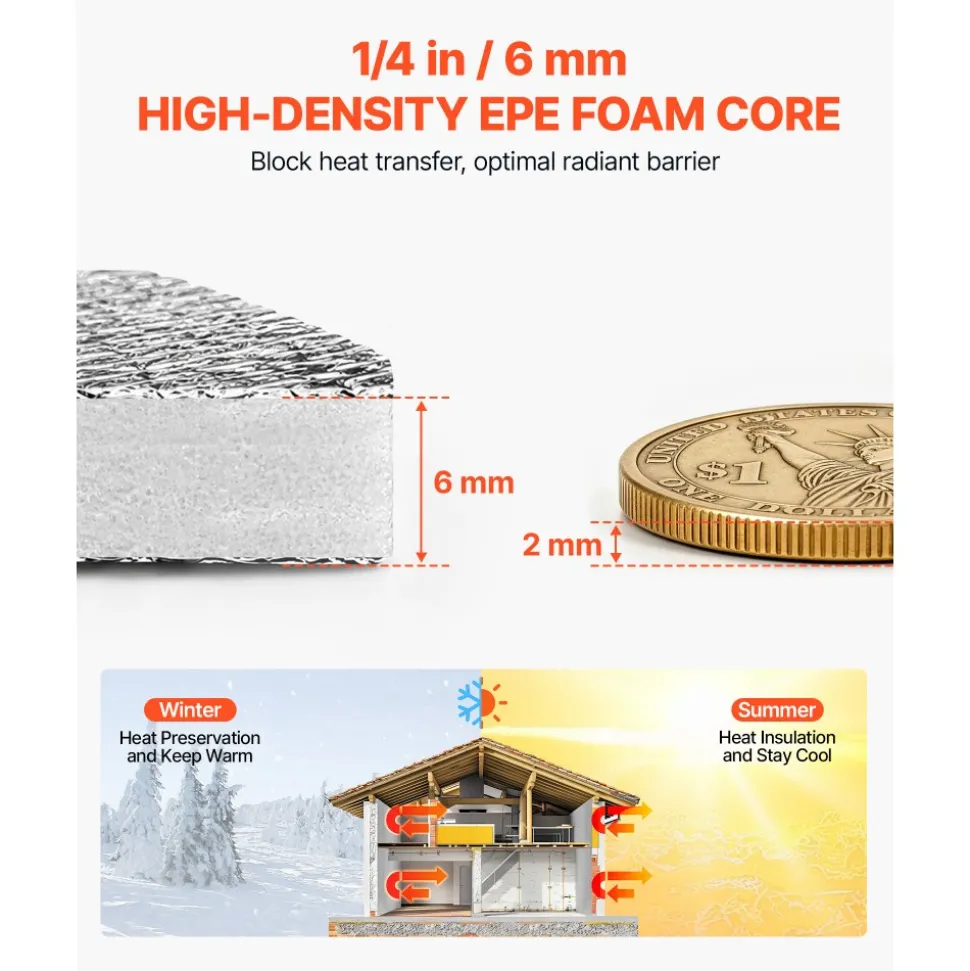 VEVOR Reflective Insulation Roll, Double-Layer Air Bubble Radiant Barrier, 6mm 48 in x 100 ft, Aluminum Foil White PE Film Heat Reflective Shield, Thermal Insulation Roll for Garage Door Window RV Roofs