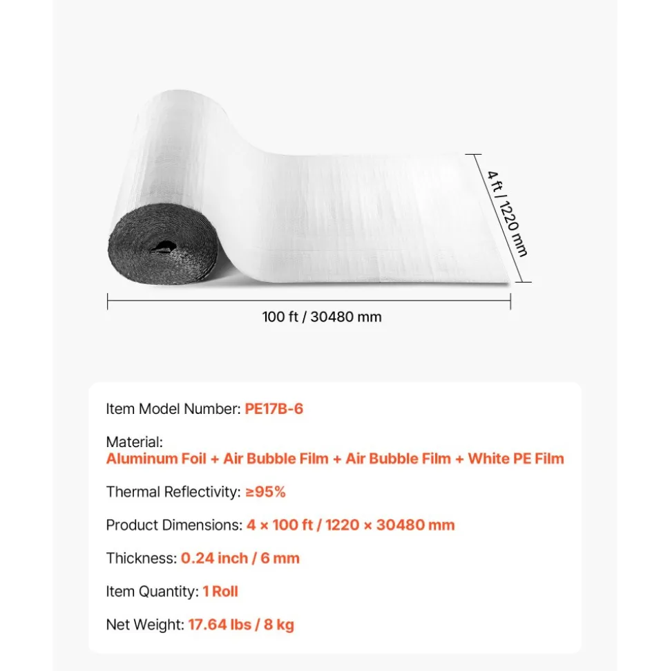 VEVOR Reflective Insulation Roll, Double-Layer Air Bubble Radiant Barrier, 6mm 48 in x 100 ft, Aluminum Foil White PE Film Heat Reflective Shield, Thermal Insulation Roll for Garage Door Window RV Roofs
