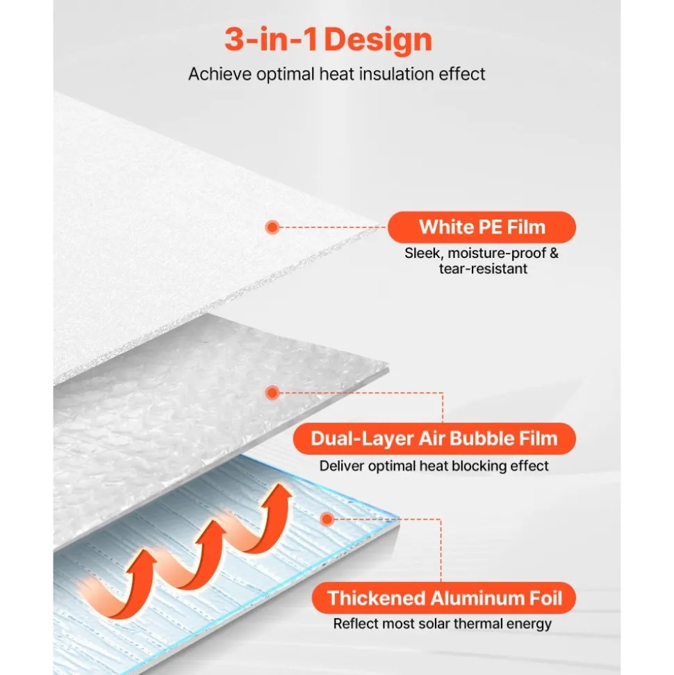 VEVOR Reflective Insulation Roll, Double-Layer Air Bubble Radiant Barrier, 6mm 48 in x 100 ft, Aluminum Foil White PE Film Heat Reflective Shield, Thermal Insulation Roll for Garage Door Window RV Roofs
