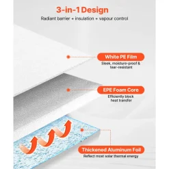 VEVOR Reflective Insulation Roll, 2 Car Garage Door Thermal Insulation Kit, 6mm 24 in x 18 ft, 4 Rolls Aluminum Foil EPE Foam Core Radiant Barrier, White PE Film Heat Shield for Garage Doors