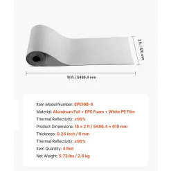 VEVOR Reflective Insulation Roll, 2 Car Garage Door Thermal Insulation Kit, 6mm 24 in x 18 ft, 4 Rolls Aluminum Foil EPE Foam Core Radiant Barrier, White PE Film Heat Shield for Garage Doors