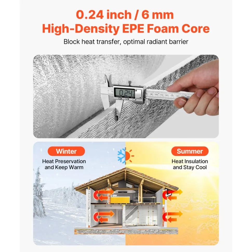 VEVOR Reflective Insulation Roll, 2 Car Garage Door Thermal Insulation Kit, 6mm 24 in x 18 ft, 4 Rolls Aluminum Foil EPE Foam Core Radiant Barrier, White PE Film Heat Shield for Garage Doors