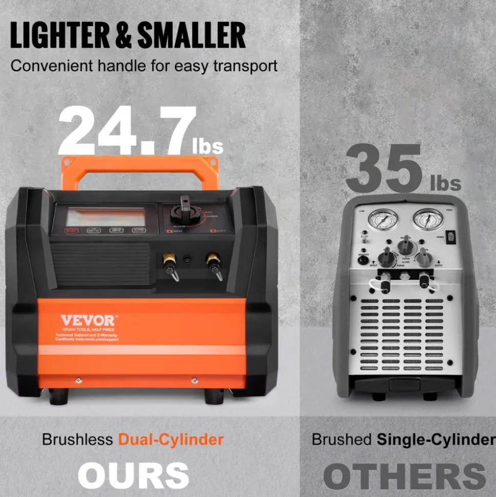 VEVOR Refrigerant Recovery Machine, 1 HP Dual Cylinder Portable AC Recovery Machine with 3000rpm Brushless Motor, Freon Refrigerant Recycling Tool for Automotive, Air Condition, Household HVAC