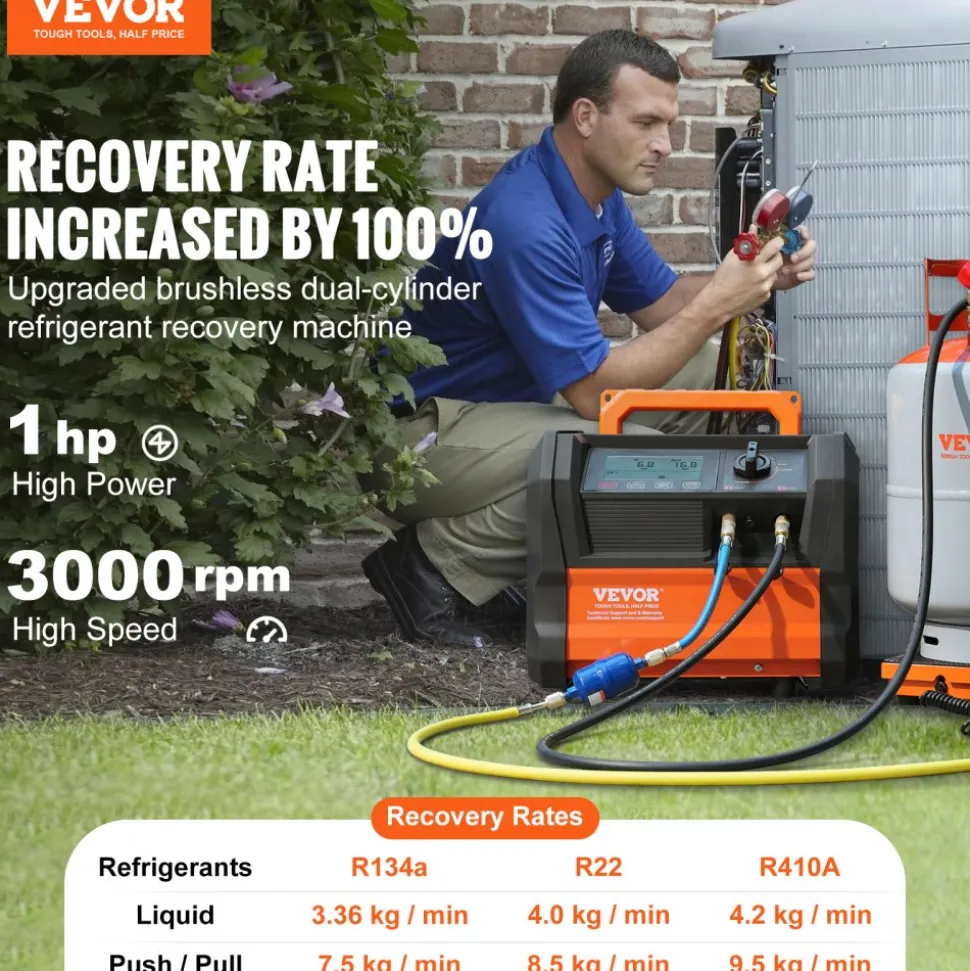 VEVOR Refrigerant Recovery Machine, 1 HP Dual Cylinder Portable AC Recovery Machine with 3000rpm Brushless Motor, Freon Refrigerant Recycling Tool for Automotive, Air Condition, Household HVAC