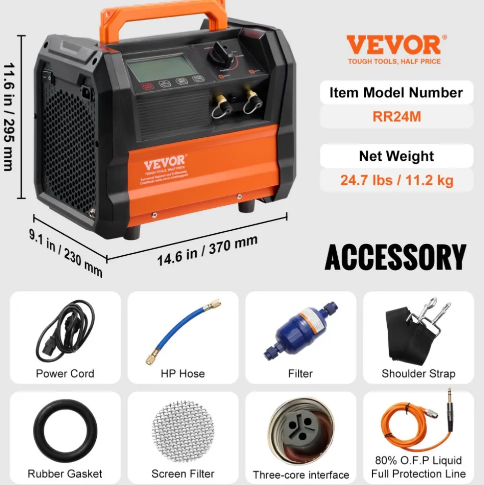 VEVOR Refrigerant Recovery Machine, 1 HP Dual Cylinder Portable AC Recovery Machine with 3000rpm Brushless Motor, Freon Refrigerant Recycling Tool for Automotive, Air Condition, Household HVAC