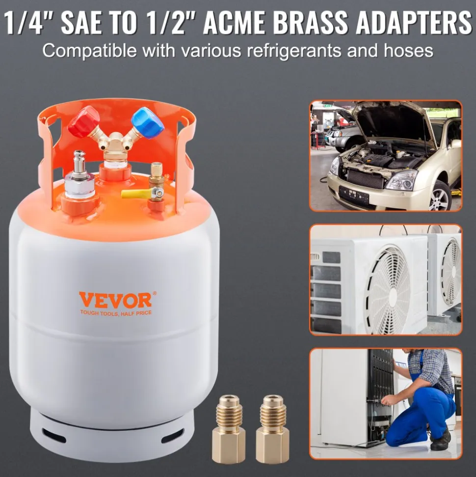 VEVOR Refrigerant Recovery Tank with Float Switch - 30 lb. Capacity ac Recovery Tank with ¼ to ½ Adaptor, Reusable Recovery Tank HVAC for All Refrigerant, Prevent Overflow, with Trace Amount of N₂