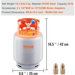 VEVOR Refrigerant Recovery Tank, 30 LBS Capacity, 400 psi Portable Cylinder Tank with Y-Valve for Liquid/Vapor, High-sealing Recovery Can for R22/R134A/R410A, Orange+Gray