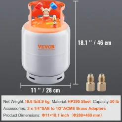 VEVOR Refrigerant Recovery Tank, 50 LBS Capacity, 400 psi Portable Cylinder Tank with Y-Valve for Liquid/Vapor, High-sealing Recovery Can for R22/R134A/R410A, Orange+Gray