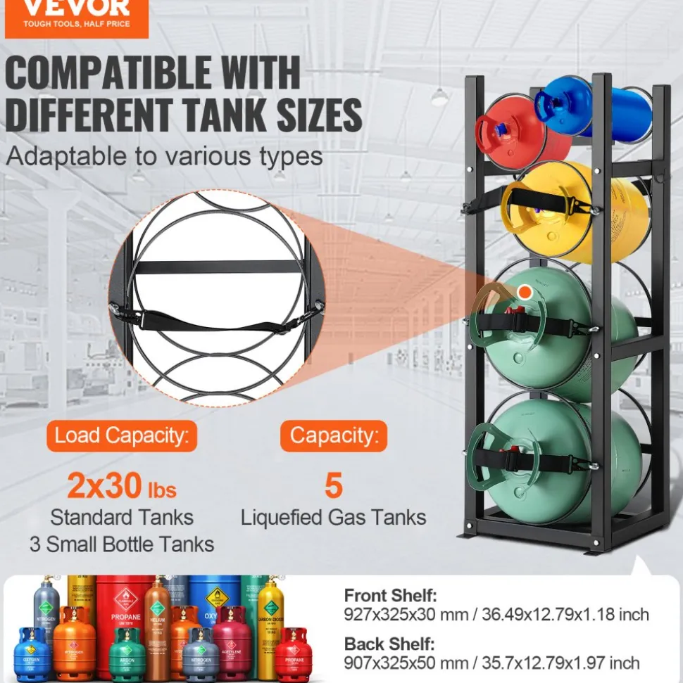 VEVOR Refrigerant Tank Rack, with 2 x 30lbs and Other 3 Small Bottle Tanks, Cylinder Tank Rack 12.79x12.99x47.12 in, Refrigerant Cylinder Rack and Holders for Freon, Gases, Oxygen, Nitrogen