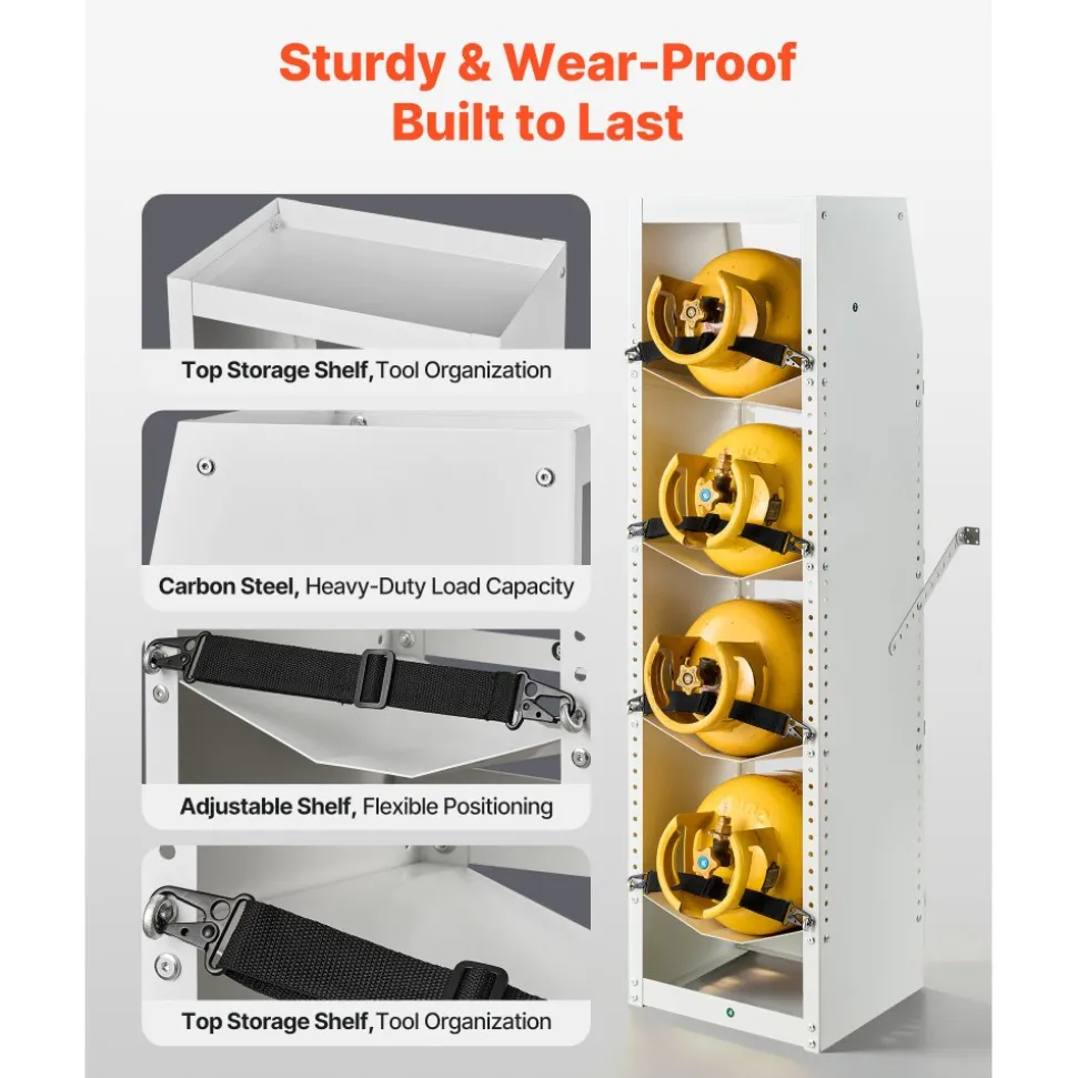 VEVOR Refrigerant Tank Rack, 14.8 x 13 x 52 inches, 4 Tiers for 4 Cylinder, with Top Storage Shelf, White Powder-Coated Carbon Steel, Cylinder Tank Rack for Cargo Van, Storing Oxygen, and Nitrogen