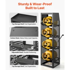 VEVOR Refrigerant Tank Rack, 14.8 x 13 x 52 inches, 4 Tiers for 4 Cylinder, with Top Storage Shelf, Black Powder-Coated Carbon Steel, Cylinder Tank Rack for Cargo Van, Storing Oxygen, and Nitrogen