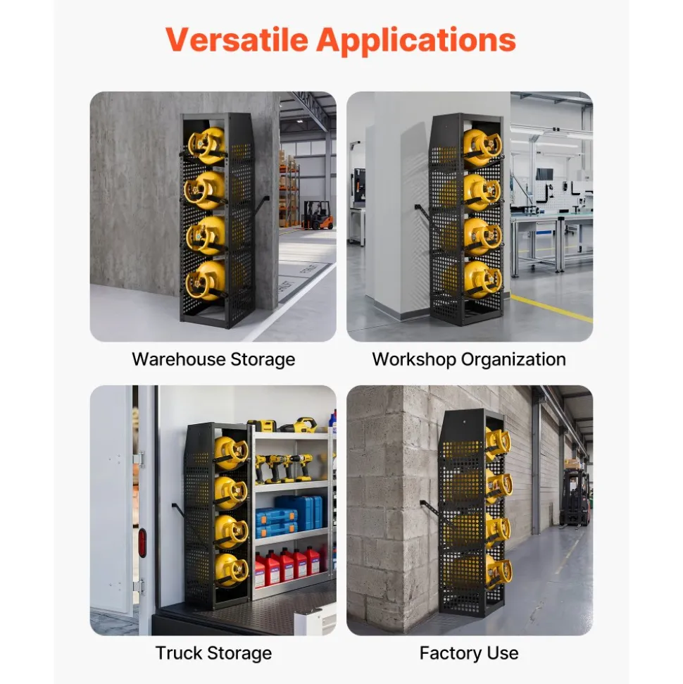 VEVOR Refrigerant Tank Rack, 14.8 x 13 x 52 inches, 4 Tiers for 4 Cylinder, with Top Storage Shelf, Black Powder-Coated Carbon Steel, Cylinder Tank Rack for Cargo Van, Storing Oxygen, and Nitrogen