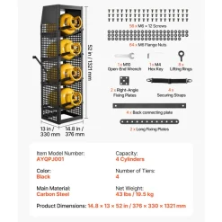 VEVOR Refrigerant Tank Rack, 14.8 x 13 x 52 inches, 4 Tiers for 4 Cylinder, with Top Storage Shelf, Black Powder-Coated Carbon Steel, Cylinder Tank Rack for Cargo Van, Storing Oxygen, and Nitrogen