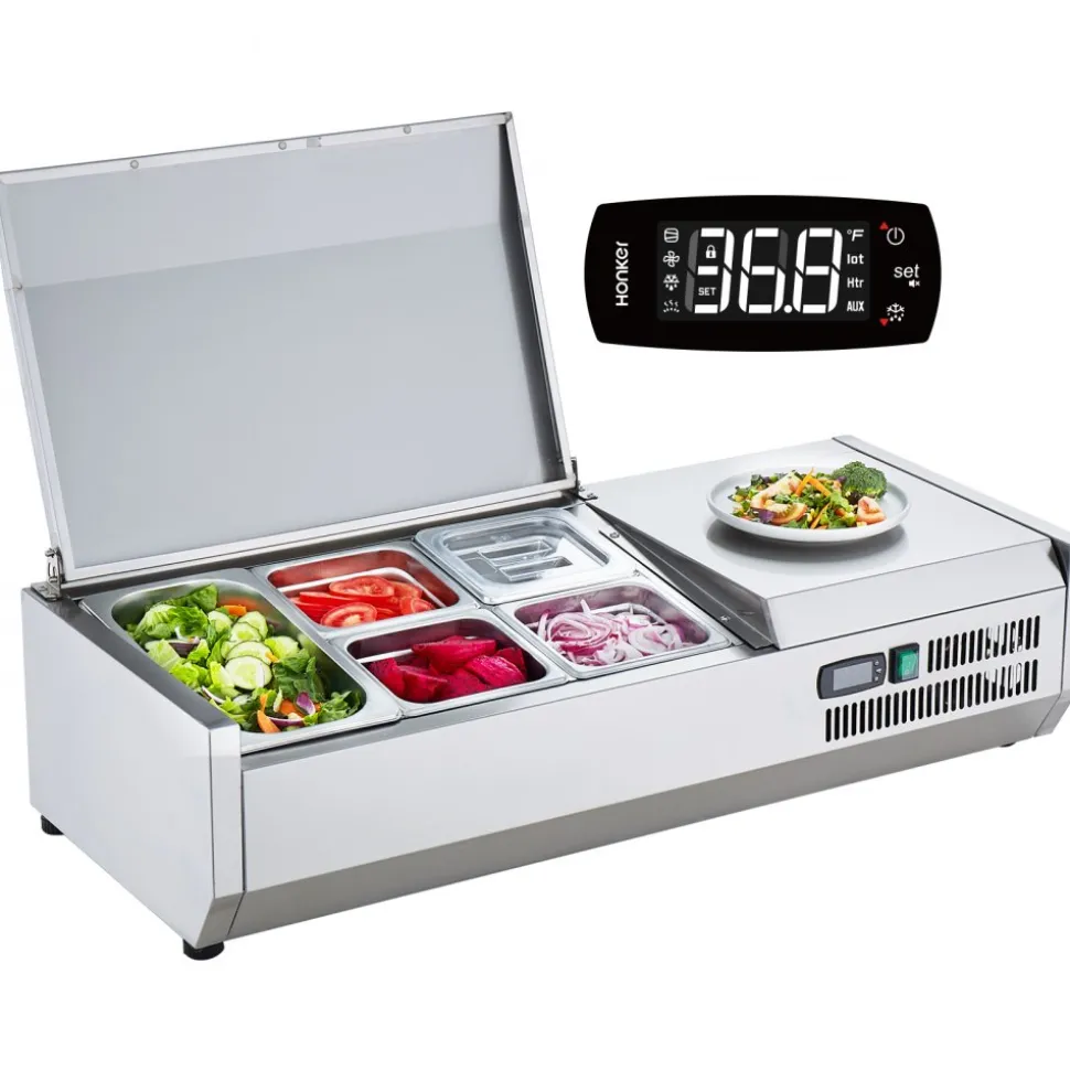 VEVOR Refrigerated Condiment Prep Station, 130 W Countertop Refrigerated Condiment Station, with 1 1/3 Pan & 4 1/6 Pans, 304 Stainless Body and PC Lid, Sandwich Prep Table with Stainless Guard, ETL