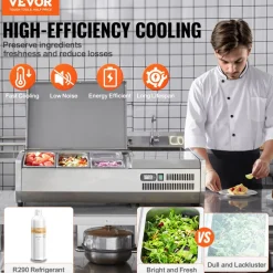 VEVOR Refrigerated Condiment Prep Station, 130 W Countertop Refrigerated Condiment Station, with 1 1/3 Pan & 4 1/6 Pans, 304 Stainless Body and PC Lid, Sandwich Prep Table with Stainless Guard, ETL