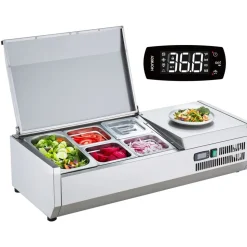 VEVOR Refrigerated Condiment Prep Station, 130 W Countertop Refrigerated Condiment Station, with 1 1/3 Pan & 4 1/6 Pans, 304 Stainless Body and PC Lid, Sandwich Prep Table with Stainless Guard, ETL