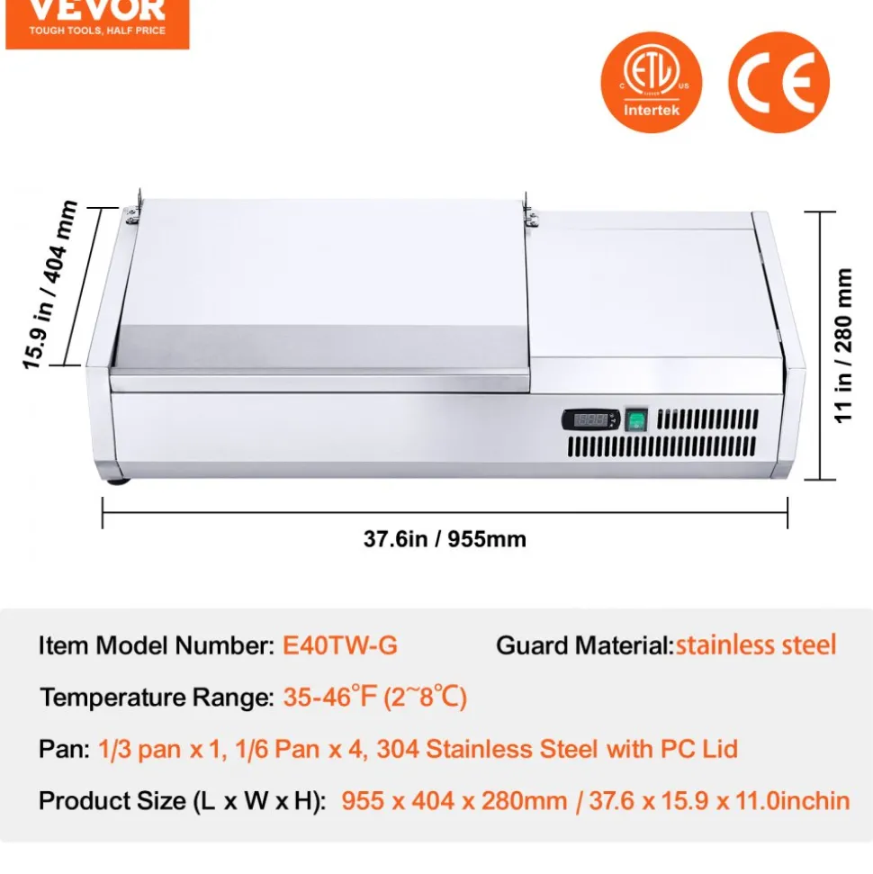 VEVOR Refrigerated Condiment Prep Station, 130 W Countertop Refrigerated Condiment Station, with 1 1/3 Pan & 4 1/6 Pans, 304 Stainless Body and PC Lid, Sandwich Prep Table with Stainless Guard, ETL