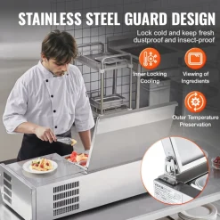 VEVOR Refrigerated Condiment Prep Station, 130 W Countertop Refrigerated Condiment Station, with 1 1/3 Pan & 4 1/6 Pans, 304 Stainless Body and PC Lid, Sandwich Prep Table with Stainless Guard, ETL
