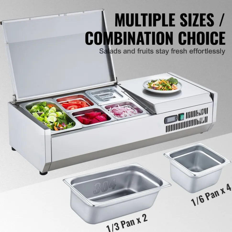 VEVOR Refrigerated Condiment Prep Station, 130 W Countertop Refrigerated Condiment Station, with 1 1/3 Pan & 4 1/6 Pans, 304 Stainless Body and PC Lid, Sandwich Prep Table with Stainless Guard, ETL