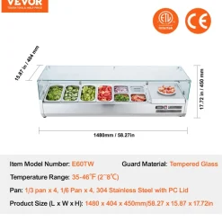 VEVOR Refrigerated Condiment Prep Station, 150 W Countertop Refrigerated Condiment Station, with 4 1/3 Pans & 4 1/6 Pans, 304 Stainless Body and PC Lid, Sandwich Prep Table with Glass Guard, ETL
