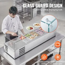 VEVOR Refrigerated Condiment Prep Station, 150 W Countertop Refrigerated Condiment Station, with 4 1/3 Pans & 4 1/6 Pans, 304 Stainless Body and PC Lid, Sandwich Prep Table with Glass Guard, ETL