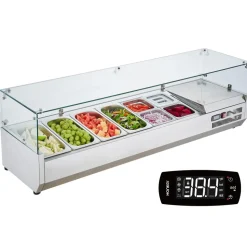 VEVOR Refrigerated Condiment Prep Station, 150 W Countertop Refrigerated Condiment Station, with 4 1/3 Pans & 4 1/6 Pans, 304 Stainless Body and PC Lid, Sandwich Prep Table with Glass Guard, ETL