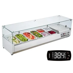 VEVOR Refrigerated Condiment Prep Station, 150 W Countertop Refrigerated Condiment Station, with 4 1/3 Pans & 4 1/6 Pans, 304 Stainless Body and PC Lid, Sandwich Prep Table with Glass Guard, ETL