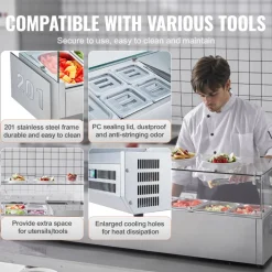 VEVOR Refrigerated Condiment Prep Station, 150 W Countertop Refrigerated Condiment Station, with 4 1/3 Pans & 4 1/6 Pans, 304 Stainless Body and PC Lid, Sandwich Prep Table with Glass Guard, ETL