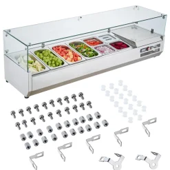 VEVOR Refrigerated Condiment Prep Station, 150 W Countertop Refrigerated Condiment Station, with 4 1/3 Pans & 4 1/6 Pans, 304 Stainless Body and PC Lid, Sandwich Prep Table with Glass Guard, ETL
