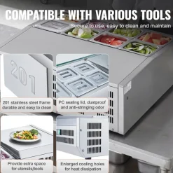 VEVOR Refrigerated Condiment Prep Station, 140 W Countertop Refrigerated Condiment Station, with 3 1/3 Pans & 4 1/6 Pans, 304 Stainless Body and PC Lid, Sandwich Prep Table with Glass Guard, ETL