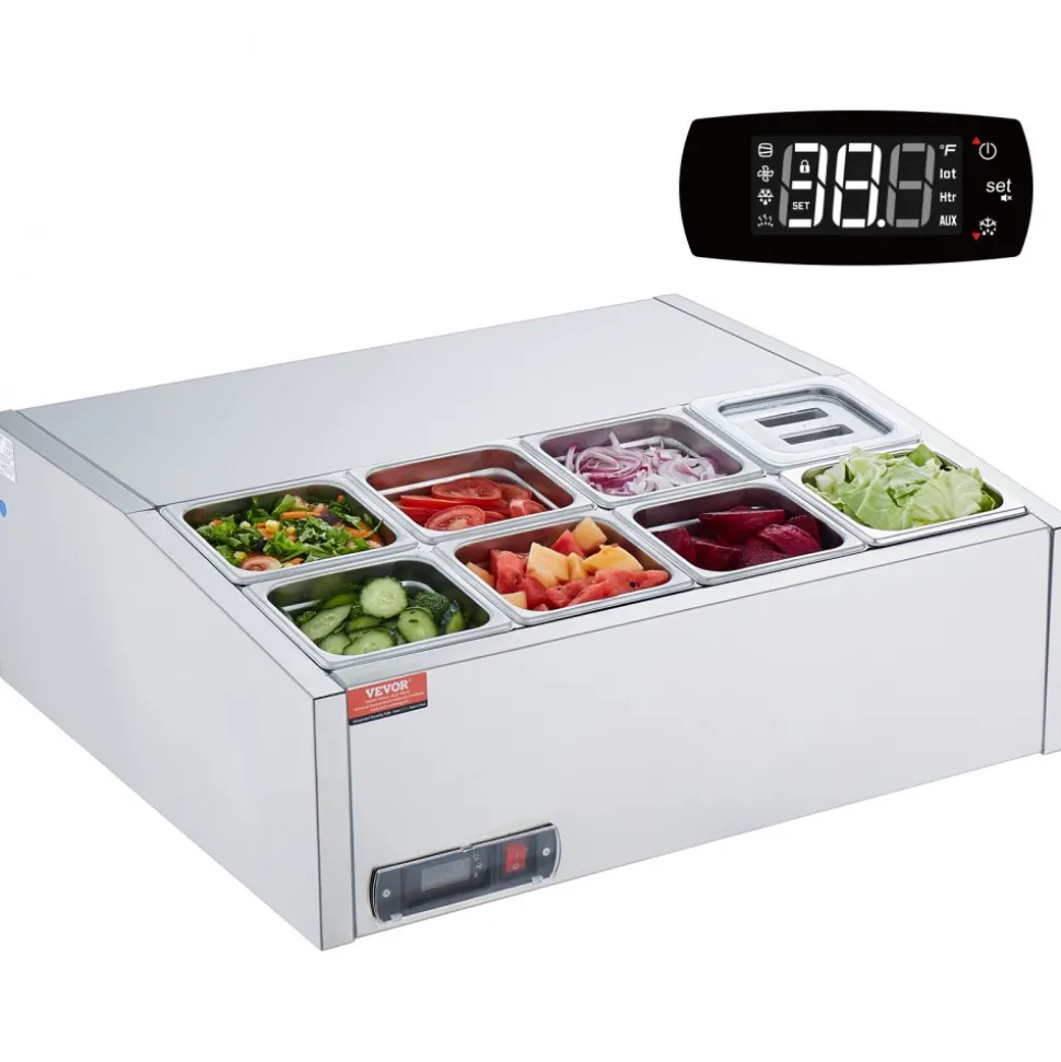 VEVOR Refrigerated Condiment Prep Station, 140 W Countertop Refrigerated Condiment Station, with 3 1/3 Pans & 4 1/6 Pans, 304 Stainless Body and PC Lid, Sandwich Prep Table with Glass Guard, ETL