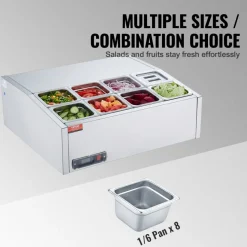 VEVOR Refrigerated Condiment Prep Station, 140 W Countertop Refrigerated Condiment Station, with 3 1/3 Pans & 4 1/6 Pans, 304 Stainless Body and PC Lid, Sandwich Prep Table with Glass Guard, ETL