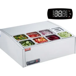 VEVOR Refrigerated Condiment Prep Station, 140 W Countertop Refrigerated Condiment Station, with 3 1/3 Pans & 4 1/6 Pans, 304 Stainless Body and PC Lid, Sandwich Prep Table with Glass Guard, ETL