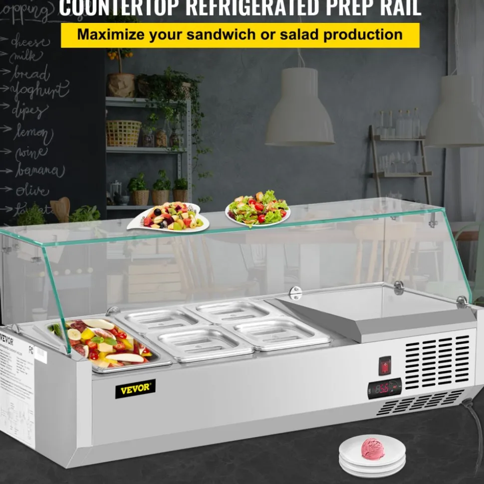 VEVOR Refrigerated Condiment Prep Station, 40-Inch, 7.8Qt Sandwich Prep Table with 1 1/3 Pan & 4 1/6 Pans, 150W Salad Bar with 304 Stainless Body Tempered Glass Shield Digital Temp Display Auto Defros