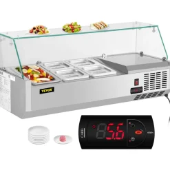VEVOR Refrigerated Condiment Prep Station, 40-Inch, 7.8Qt Sandwich Prep Table with 1 1/3 Pan & 4 1/6 Pans, 150W Salad Bar with 304 Stainless Body Tempered Glass Shield Digital Temp Display Auto Defros