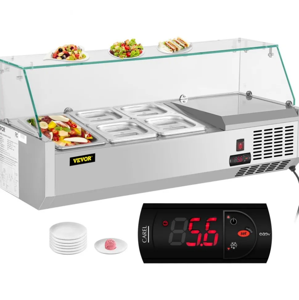 VEVOR Refrigerated Condiment Prep Station, 40-Inch, 7.8Qt Sandwich Prep Table with 1 1/3 Pan & 4 1/6 Pans, 150W Salad Bar with 304 Stainless Body Tempered Glass Shield Digital Temp Display Auto Defros